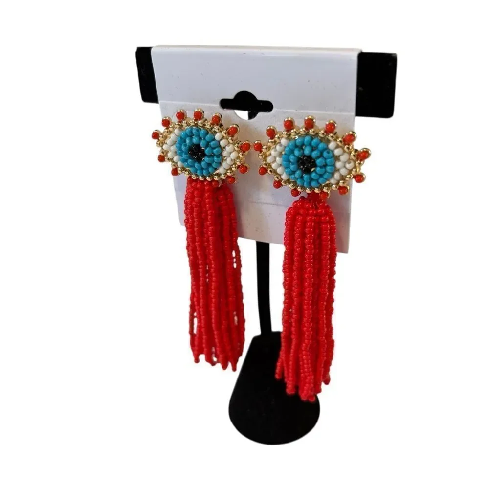 Baublebar Beaded Evil Eye Red Tassel Earrings. Super Fun!